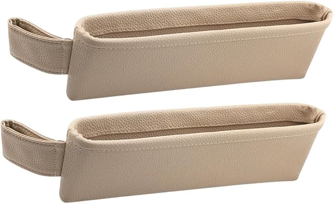 2PCS Car Seat Gap Filler Organizer, Leather Seat Gap Catcher Holder Pocket for Phones Keys Glasses, Auto Center Console Side Crevice Stopper Storage Box, Universal for Vehicles (Beige)
