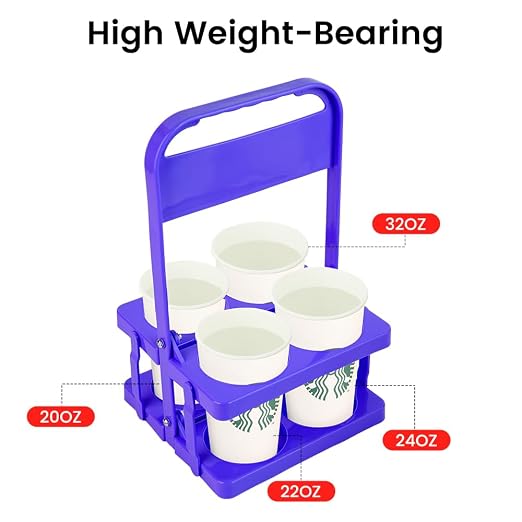 Bodaon 4 Cup Drink Carrier with Handle, Plastic Cup Carriers for Drinks, Drink Holder for Car, Take Out Delivery Drivers Accessories, Portable Foldable Reusable Mobile, Use for Food Delivery Bag