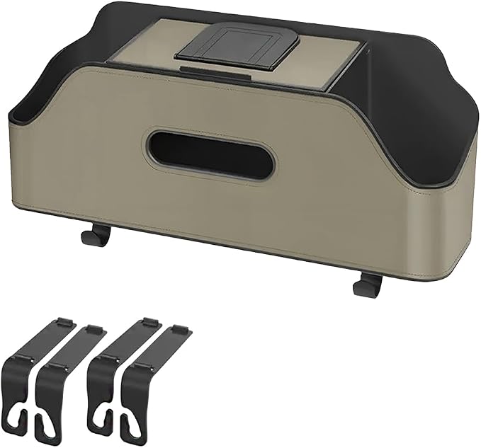 Car Backseat Headrest Organizer, Multifunctional 4-in-1 Back Seat Tissue Box with Cup Holders Hooks, Auto Seat Back Storage Organizer for Hold Phones, Drinks, Bags, Universal Fit (Beige)