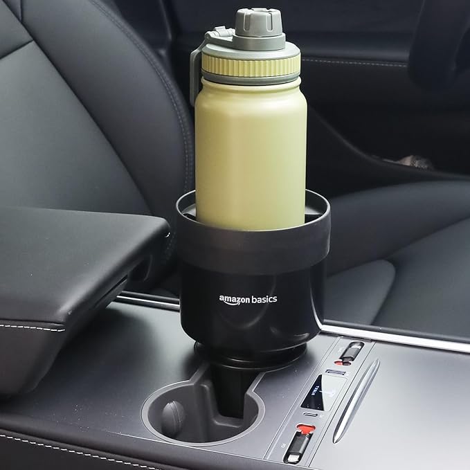 Amazon Basics Car Cup Holder Expander with Adjustable Base, Securely Holds Large Bottles 3.4 to 3.8 in Diameter, Compatible with Yeti, Hydro Flask, Easy Installation, Black