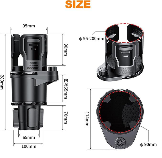Dual-Layer Car Cup Holder Expander – Lower Cup Holder (9cm) + Upper Adjustable Bucket Holder (Fits 9.5–20 cm Diameter) – for Drinks, Popcorn, Fried Chicken Buckets, Phones – Non-Slip, Universal Fit