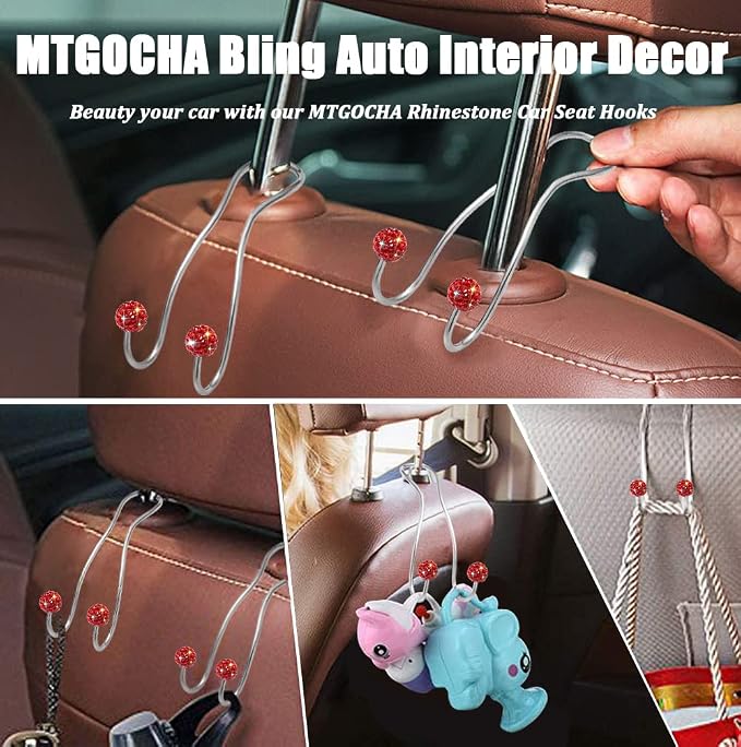 Bling Purse Hook for Car Headrest, Upgraded Cute Car Seat Hooks for Bag Handbag, Durable Stainless Auto Purse Hanger Holder 2 Pack, Red