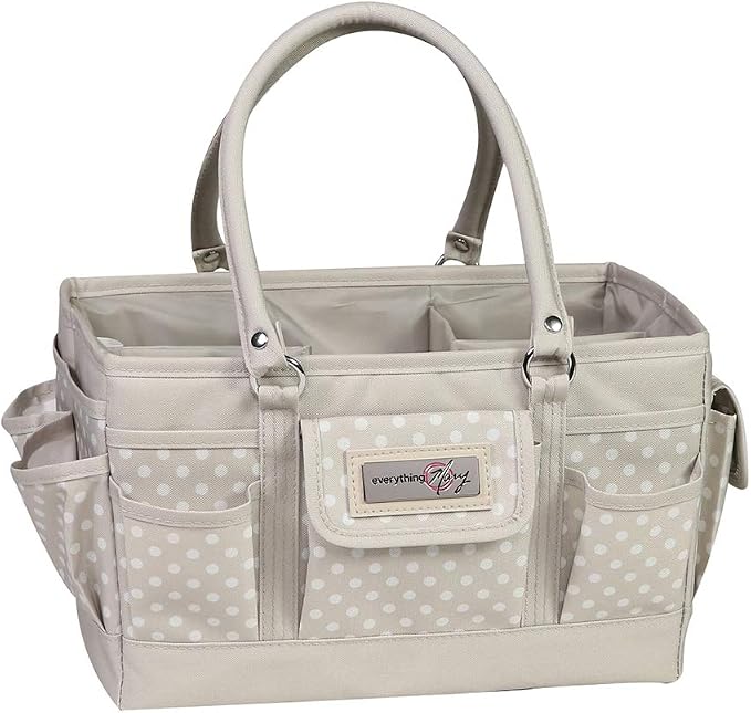 Everything Mary Deluxe Store & Tote Organizer – Tan Dot Craft Tote with Handle – Art Supply Caddy for Sewing, Scrapbooking, DIY Projects & Creative Tool Storage