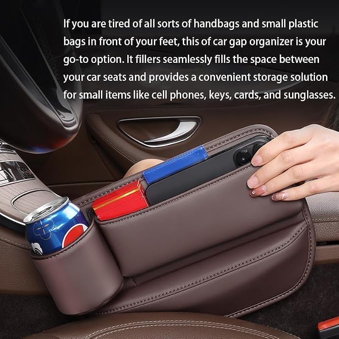 2026 Upgrade Car Storage Box with Cup Holder, Leather Cup Holder Gap Bag,Seat Storage Box Gap Filler Organizer for Glasses Phone Keys and Cards (Brown, Passenger Seat) (Red)