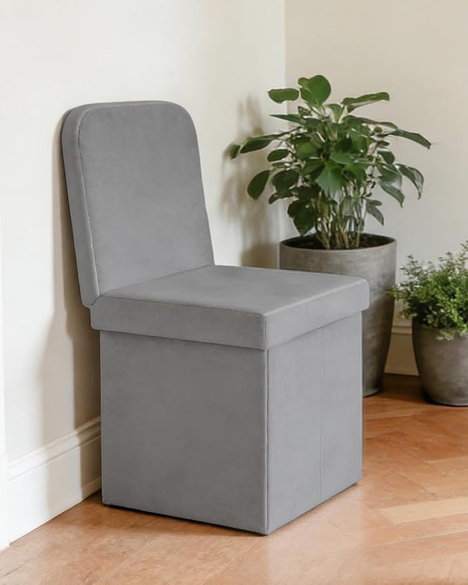 B FSOBEIIALEO Velvet Storage Ottoman with Seat Back, Folding Chair for Living Room, Room Organizer Storage Cubes, Toy Chest Storage Box (Grey, Medium)