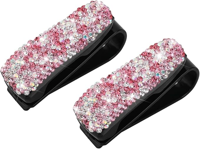 Moly Magnolia Bling Car Glasses Holder, 2PCS Handcrafted Crystal Rhinestones Fashion Car Sunglasses Mount with Card Clip for All Sun Visors, Auto Interior Accessories for Women Girl (Pink/Multicolor)