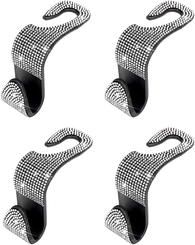4PCS Bling Car Seat Headrest Hooks, Crystal Rhinestone Vehicle Back Seat Hanger Holder, Auto Interior Headrest Hanging Storage Organizer for Purse Handbag Coat, Universal Fit (White)