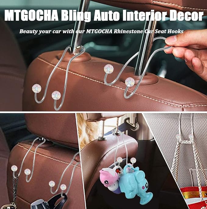 Bling Purse Hook for Car Headrest, Upgraded Cute Car Seat Hooks for Bag Handbag, Durable Stainless Auto Purse Hanger Holder 2 Pack, Colorful