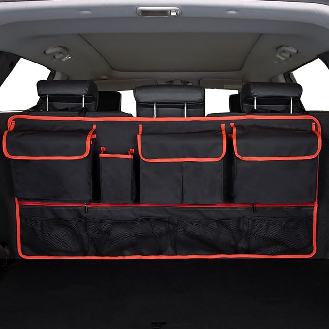 Mandark Car Trunk Organizer, Super Capacity Vehicle Hanging Backseat Cargo Storage Bag with Robust Elastic Net, Detachable Auto Seat Back Organizing Bag, Universal for SUV, Truck, RV(Black/Red)