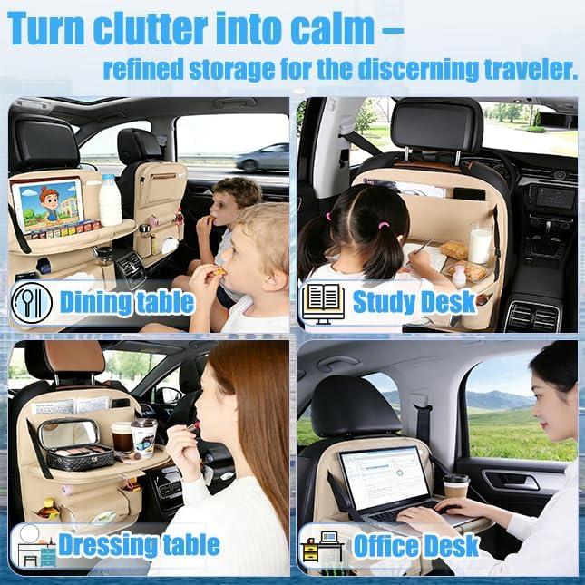 YiYang Car Back Seat Organizer with Foldable Tray, Multi-Pocket Storage, Tablet Holder, Cup Holders (2, Beige)