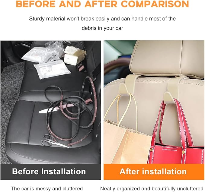 povtii 4PCS Car Seat Headrest Hook, Auto Back Seat Hanging Storage Organizer, Vehicle Seatback Hanger Holder for Purse Handbag Coat Umbrella, Universal Interior Car Accessories (Beige)