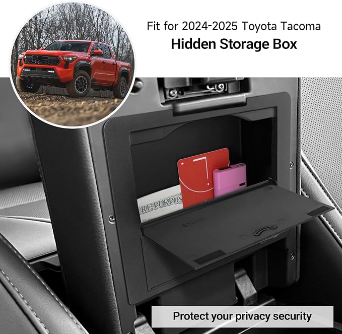Center Console Hidden Box Organizer Compatible with Toyota Tacoma 2024 2025 2026 Accessories Black ABS Plastic Material Secret Compartment