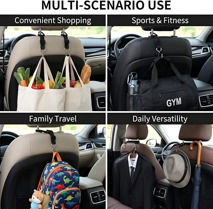 Car Headrest Hooks 2 Pack, Heavy Duty Metal Purse Holder for Car, Adjustable Seat Back Organizer for Handbags, Grocery Bags & Accessories, Universal Fit Front & Rear Seats