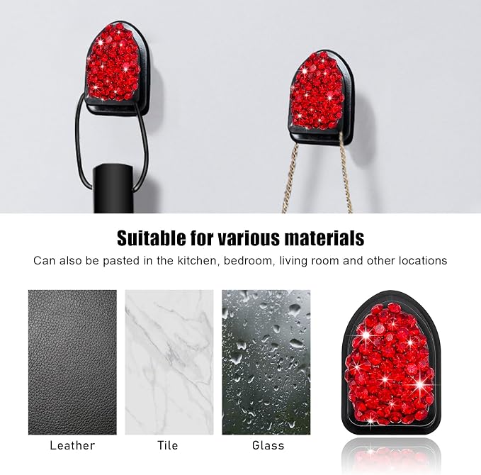 Yourkar 4PCS Bling Car Mini Hooks, Multifunctional Adhesive Small Auto Storage Hook for Key Cable Mask, Crystal Rhinestone Dashboard Hanging Hook, Interior Decor Car Accessories (Red)