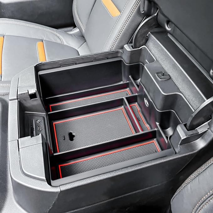 Center Console Organizer Compatible with 2019-2022 Chevy Silverado/Sierra 1500 and 2020-2023 Silverado/Sierra 2500HD 3500HD Accessories Armrest Full Size Tray,Full Console w/Bucket Seats ONLY,Red