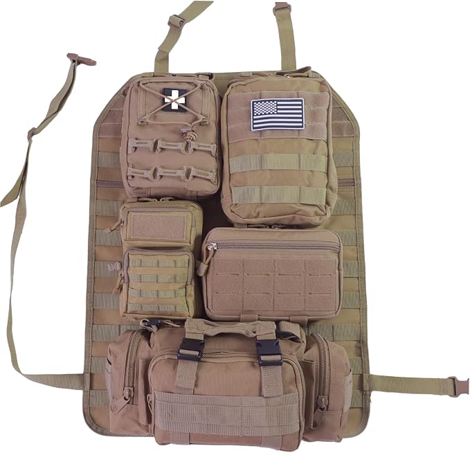 Universal Tactical Seat Back Organizer Vehicle Molle Panel Organizer Storage Bag with 5 Detachable Molle Pouch for All Vehicel Such as Jeep,Truck,SUV, Car, Ford,Chevy etc