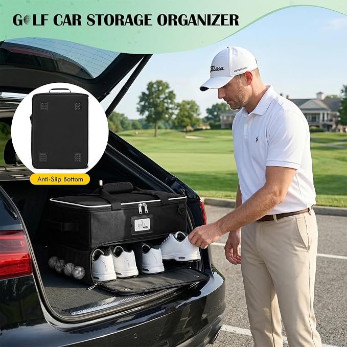 RAINSMORE Golf Trunk Organizer Golf Bag Organizers Golf Shoe Bag with Separate Ventilated Compartment for 2 Pair Shoes Golf Accessories for Balls, Gloves, Clothes