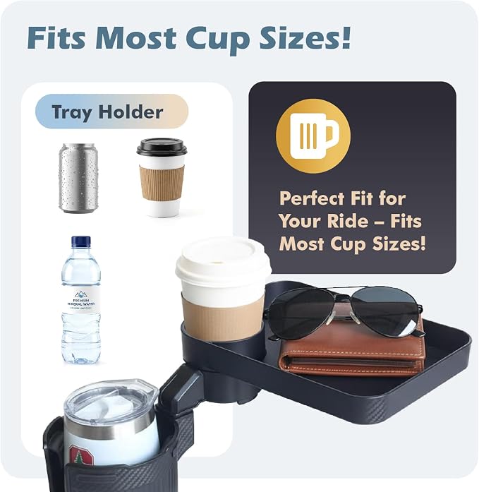 OtterVerz 11 Upgraded Car Cup Holder Tray, 3 in 1 Car Cup Holder Expander Adapter, 360° Rotating Detachable 10.5" Car Food Tray Table for Eating, Road Trip Essentials, Fits Yeti/Hydro Flask 16–46oz