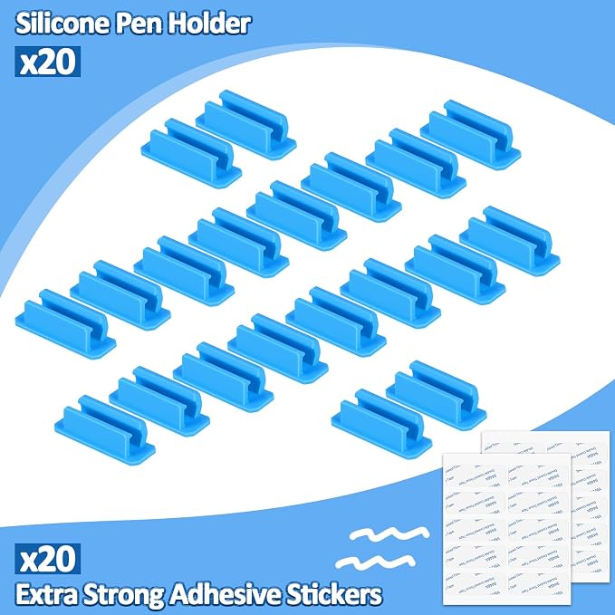 BOBOKA 20Pcs Pencil Holder for Desk, Adhesive Pen Holder for Classroom Clipboard Attachment, Silicone Pencil Holder & Marker Holder for School Office Desk Accessories, Teacher Supplies