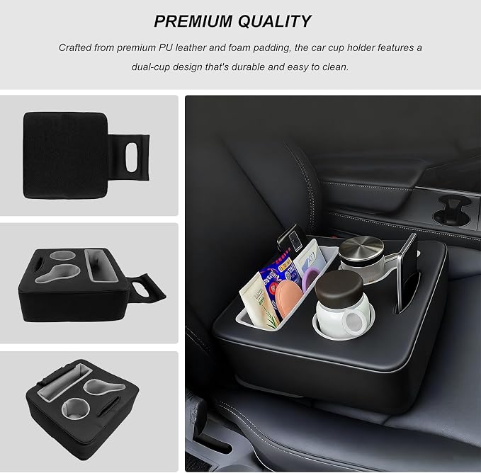 Sun Walker Back Seat Cup Holder for Car, Waterproof Rear Seat Organizer Expander Tray to Store Phone Drink Snack, Universal Leather Cup Holder Pillow for Truck RV Boat Sofa Bed (Gray)