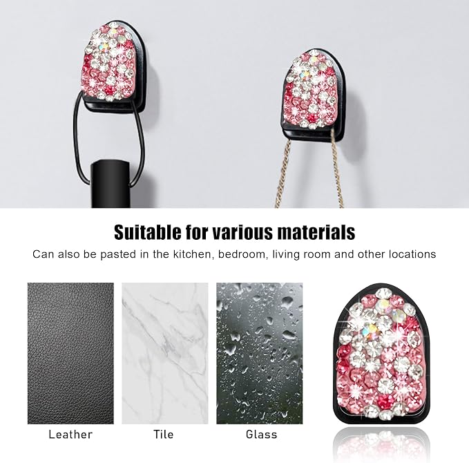 Yourkar 4PCS Bling Car Mini Hooks, Multifunctional Adhesive Small Auto Storage Hook for Key Cable Mask, Crystal Rhinestone Dashboard Hanging Hook, Interior Decor Car Accessories (Pink)