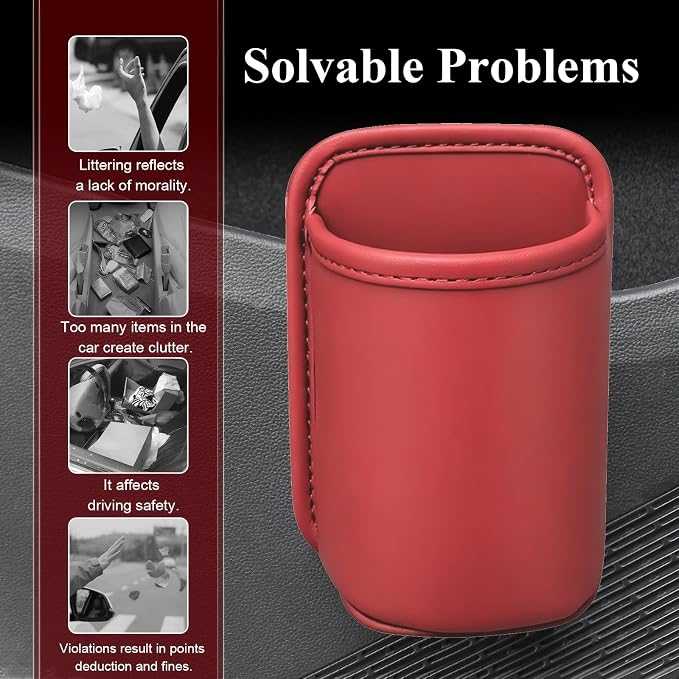 Car Cup Holder, Waterproof Leather Car Door Cup Holder, Clip-On Back Seat Storage Bag & Trash Can, Universal Hanging Drink & Phone Organizer Pocket for Most Cars (Red)