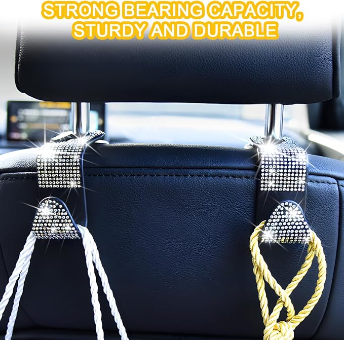 Mandark 4PCS Bling Car Seat Headrest Hooks, Crystal Rhinestone Vehicle Seat Back Hanger for Grocery Purses Handbags, Diamond Auto Seatback Storage Organizer Hanger, Universal for Most Cars (Blue)