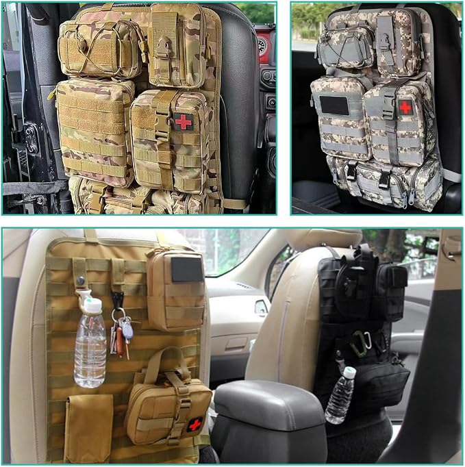 2 PCS Car Seat Back Organizer, Tactical MOLLE Sag Proof Vehicle Panel Backseat Cover Protector, Universal Molle Nylon Storage Bag Seat Back Hanger Pad for Car Truck SUV Pickup (Camouflage CP)