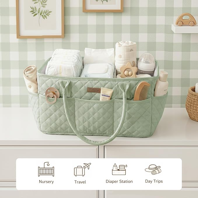 Konssy Quilted Diaper Caddy Organizer, Diaper Caddy Basket with Vegan Leather Handles, Water-Repellent Nursery Storage Basket, Portable Car Organizer, Registry Search Must Haves (Fog Green)