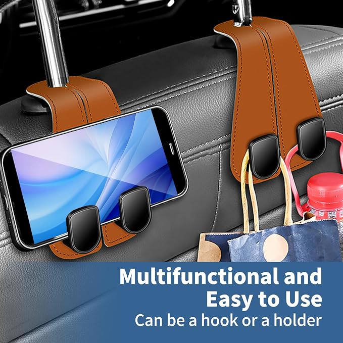 Headrest Hooks for Car, Fit for BMW Accessories X3 X5, Car Hooks Microfiber Leather and Stainless Steel Seat Back Storage Holder for Purses, Bags (Saddle Brown)