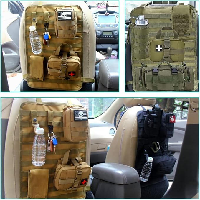 Car Seat Back Organizer, Tactical MOLLE Sag Proof Vehicle Panel Backseat Cover Protector, Universal Molle Nylon Storage Bag Seat Back Hanger Pad for Car Truck SUV Pickup (Khaki)