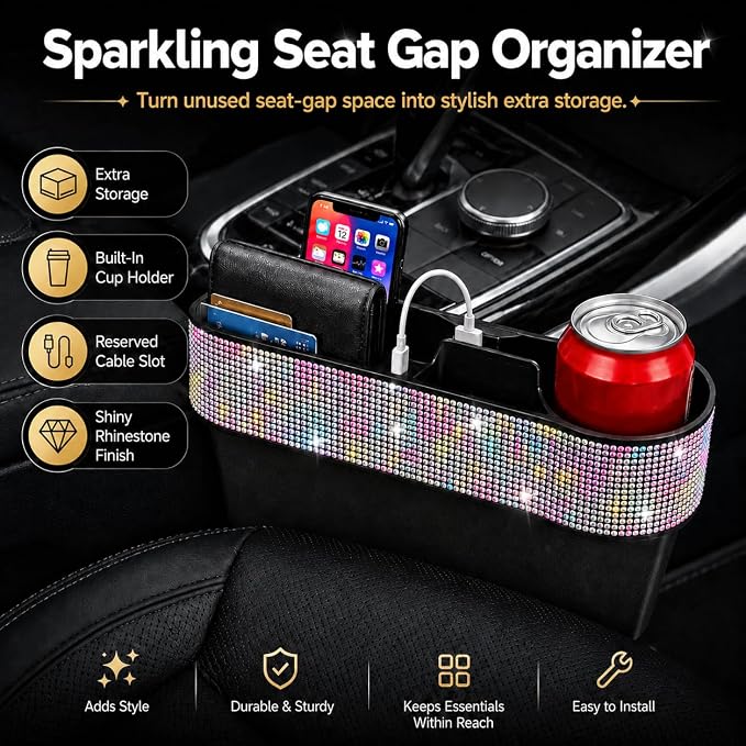Bling Bling Car Seat Organizer Front Seat Gap Filler with Crystal Rhinestones Diamond, PU Leather Car Seat Console Storage Organizer for Car Accessories (Colorful)