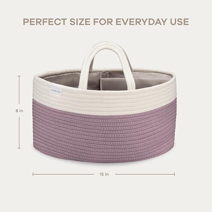 Comfy Cubs Rope Diaper Caddy Organizer 8.5" x 15" x 8" - Large Baby Diaper Basket with 3 Spacious Compartments - Stylish Cotton Baby Caddy Organizer for Diapers, Wipes & Essentials - Mauve