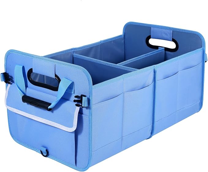Car Suv Trunk Organizer,Sturdy Storage Organizer for Car Accessories,Tools,Sundries.Upgraded 4 Carrying Handles,72L,Foldable,Waterproof,Multi Compartment,2 Straps for Fixation(Blue)