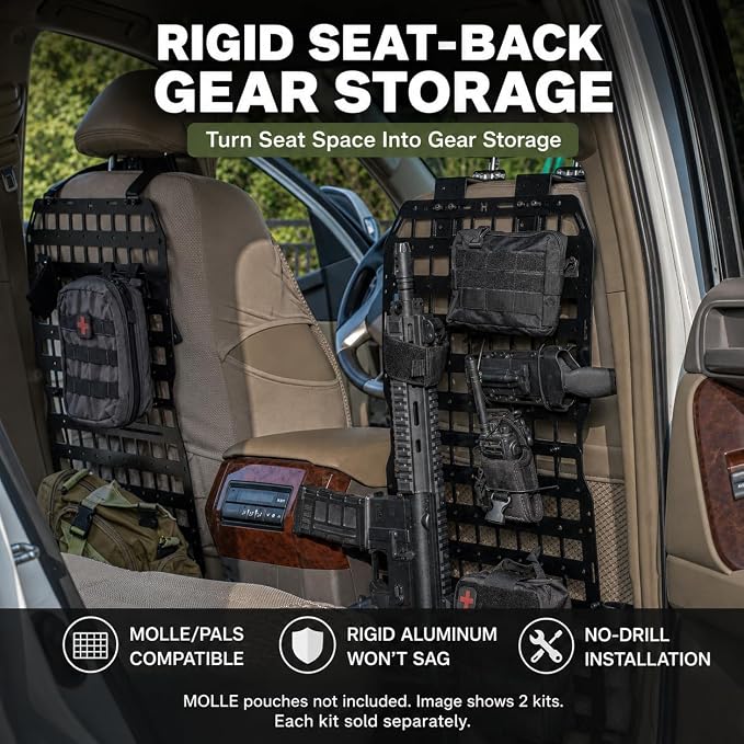 Metal MOLLE Seat Back Panel, 1 Seat Kit, 2mm Aluminum Vehicle Organizer for Most Standard Seat Backs, No-Drill Strap Mount, Compatible with Many MOLLE/PALS-Style Accessories