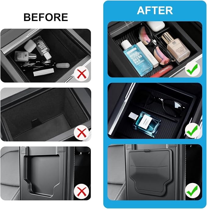 Eonflux Center Console Organizer for Tesla Model Y Juniper (2025-2026 Only Premium & Performance) & Model 3 Highland (2024-2026),Hidden Storage Box & Cup Holder with Silent Silicone Liner, 5PCS Black