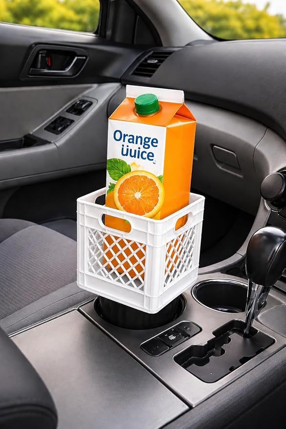 Half Gallon Car Cup Holder Expander,Classic Milk Crate Style Adapter for Square Cartons, Milk Carton Cup Holder Secure Anti-Spill Insert for Juice,Heavy Duty Interior Organizer for SUV&Trucks (White)