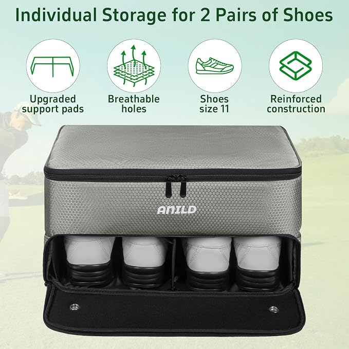 ANILD Golf Trunk Organizer, 2 Layer Golf Storage Case with Separate Ventilated Compartment for 2 Pair Shoes, for Balls, Tees, Clothes, Gloves, Accessories, Golfer Gifts