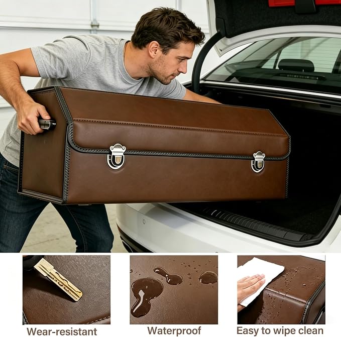 Leather Storage Box Car Trunk Organizer for Trunk SUV Sedan, Leather Foldable Storage Box with Lid (Brown 14.9" L*12.2" W*11.8" H)