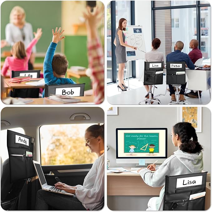 12 Pack Chair Pockets for Classrooms, Black Chair Pocket with 3 Heavy Duty Storage Pocket, Chair Back Buddy Pockets with Name Tag Slot, Chair Back Storage Organizer for Classroom, Home, 16 x 19 Inch