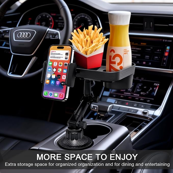 Vehicle-Mounted Multifunctional Water Cup Holder Tray Black Adjustable Cup Holder Dining Plate Expandable Bracket Storage Space-Saving (Tray + Phone Stand)
