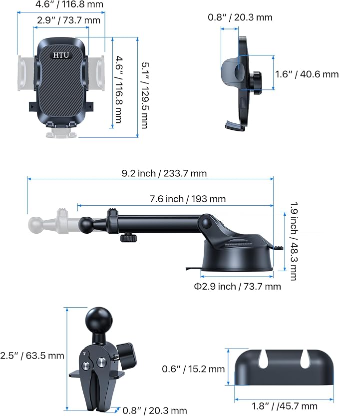 HTU Car Phone Holderใ2026 Upgraded 100+LBS Suction & Safety Certใ Cell Phone Car Mount for Truck Heavy Duty Phone Holder for Dashboard/Windshield/Vent for iPhone 17 16 Pro Max, Dark Black