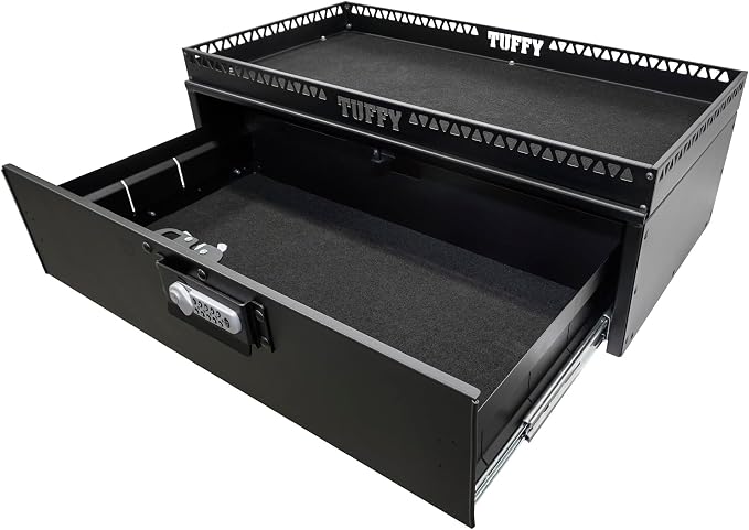 Tuffy Security Drawer with Shelf – Universal Fit for Mid-Sized SUVs | Heavy-Duty Locking Cargo Storage Box | Black Steel, 85 lb Capacity