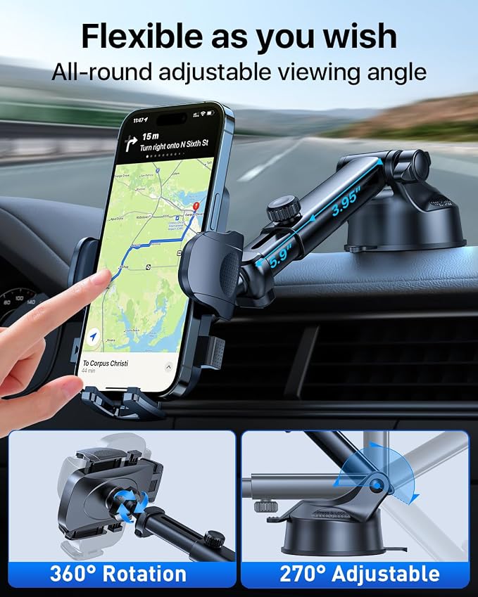 HTU Car Phone Holderใ2026 Upgraded 100+LBS Suction & Safety Certใ Cell Phone Car Mount for Truck Heavy Duty Phone Holder for Dashboard/Windshield/Vent for iPhone 17 16 Pro Max, Navy Blue