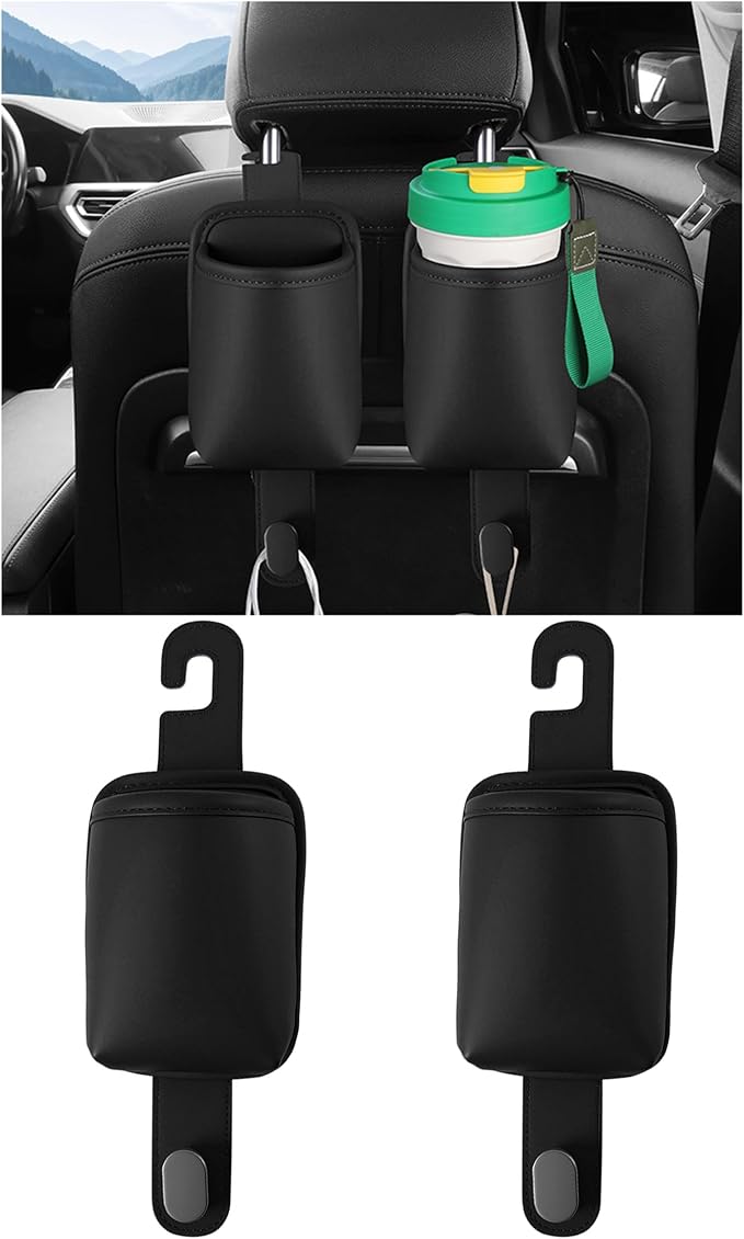 2-Pack Car Seat Back Cup Holder Organizer, Black | Faux Leather, With Hooks, Universal Backseat Storage, For Drinks, Bottles & Travel Accessories