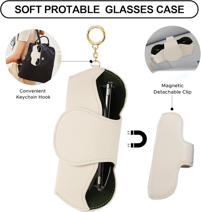 KINIVA Sunglasses Holder for Car Visor with Hanging Hook Portable Leather Glasses Storage Bag with Detachable Clips