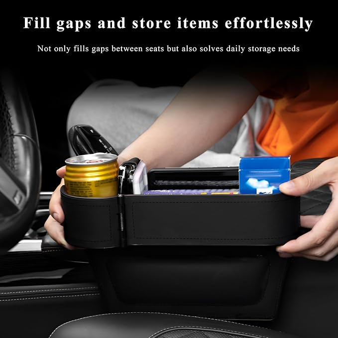 Car Seat Gap Filler Organizer, Auto Leather Seat Organizer with Adjustable Cup Holder, Multifunctional Side Insert Center Console Storage Box for Phone Drink Sunglasses (Black)