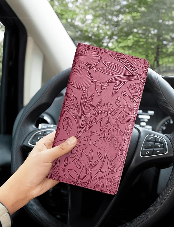 Mymazn Car Registration and Insurance Holder, PU Leather Glove Box Car Organizer with Magnetic Closure, Car Document Holder for Driver's License & Essential Documents (Floral Red)