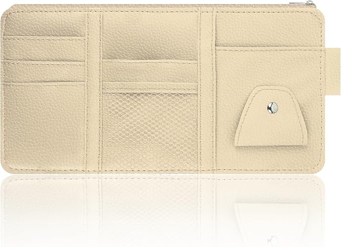 Car Visor Organizer with Sunglass Holder,Multi-Functional Car Sun Visor Organizer with Zipper for Cards,Money,Tickets,Leather Interior Accessories (Beige)