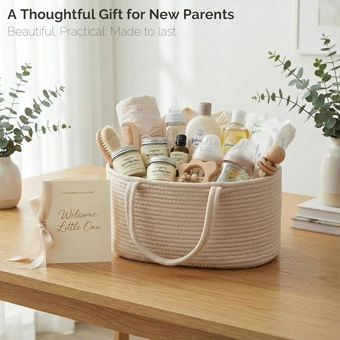 luxury little Diaper Caddy Organizer, Large Cotton Rope Nursery Baby Basket, Changing Table Organizer for Baby Diaper Storage, Portable Car Organizer Removable Divider (Oatmeal, Extra Large)